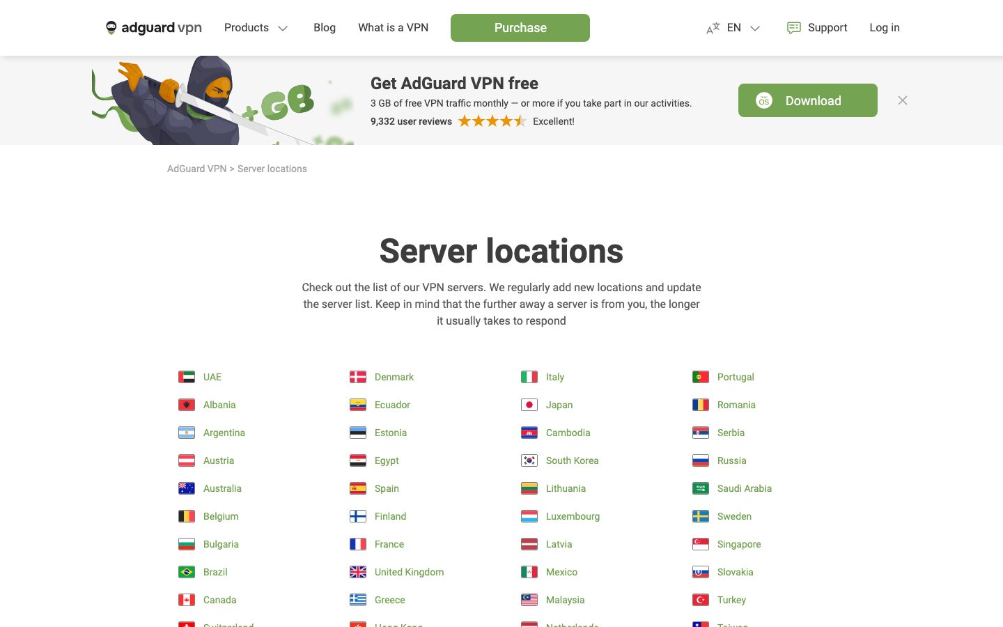 AdGuard VPN server locations page on adguard-vpn.com listing countries with flags, captured 2026-09-24