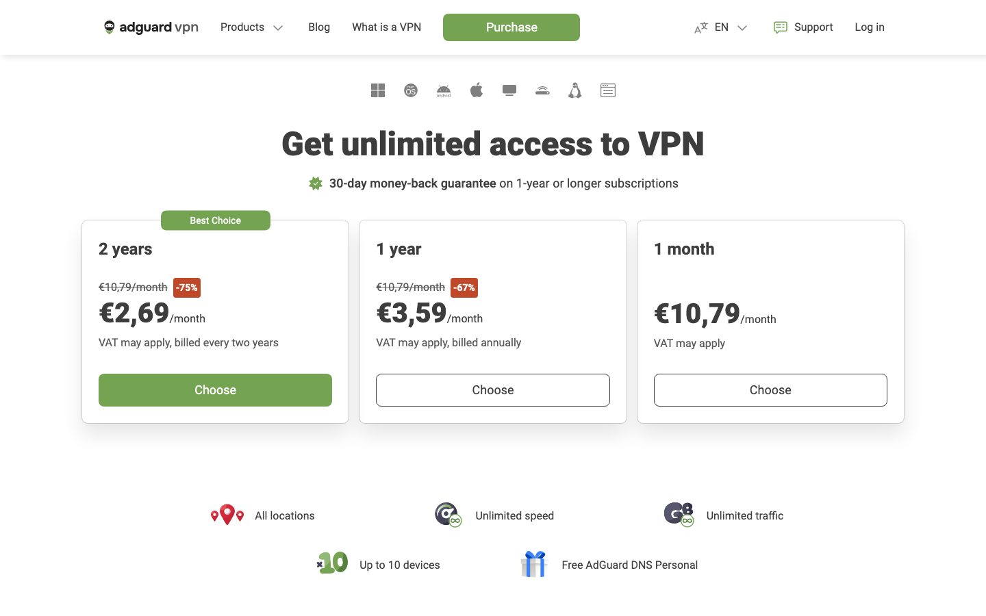 AdGuard VPN pricing page on adguard-vpn.com showing 2-year, 1-year and 1-month plans, captured 2026-09-24